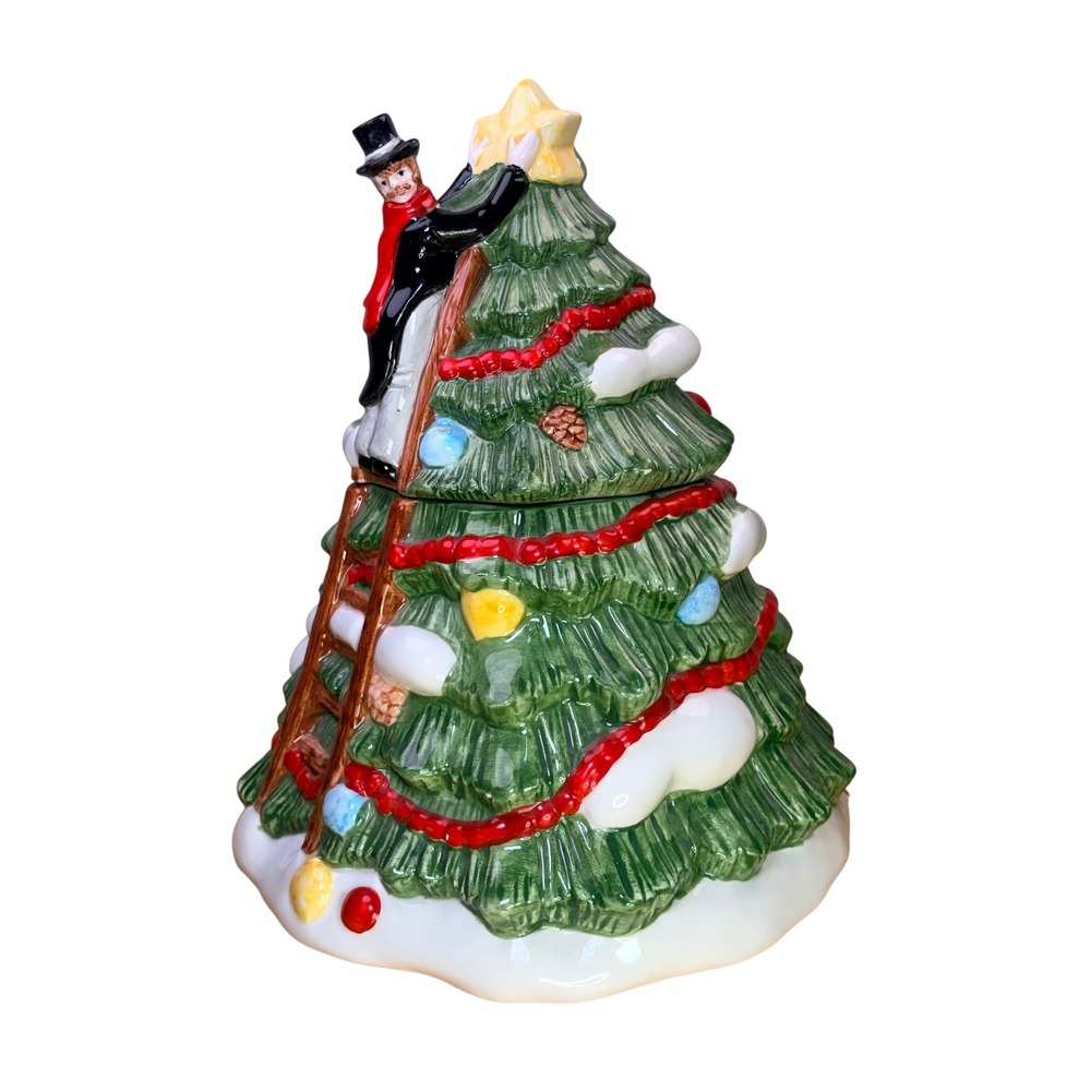 Applause Holiday Christmas Tree Cookie Jar Man on Ladder Star SKU 51151 Ceramic